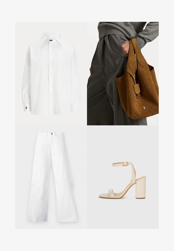 Camisa blanca de botones con manga larga, cuello clásico y un pequeño logo azul en el puño. Tela de algodón suave, ajuste estructurado.; Pantalones de mezclilla blancos de pierna ancha con un diseño de cinco bolsillos. Presentan un botón negro y cierre de cremallera. Textura suave, silueta recta.; Sandalia de tacón alto beige con punta cuadrada, tira delgada en el tobillo y tacón ancho. Textura de cuero suave con un detalle de hebilla dorada.; Bolso tote de ante marrón con forma redondeada, doble asa y un acento de hardware metálico. Presenta un pequeño logo en la parte delantera.