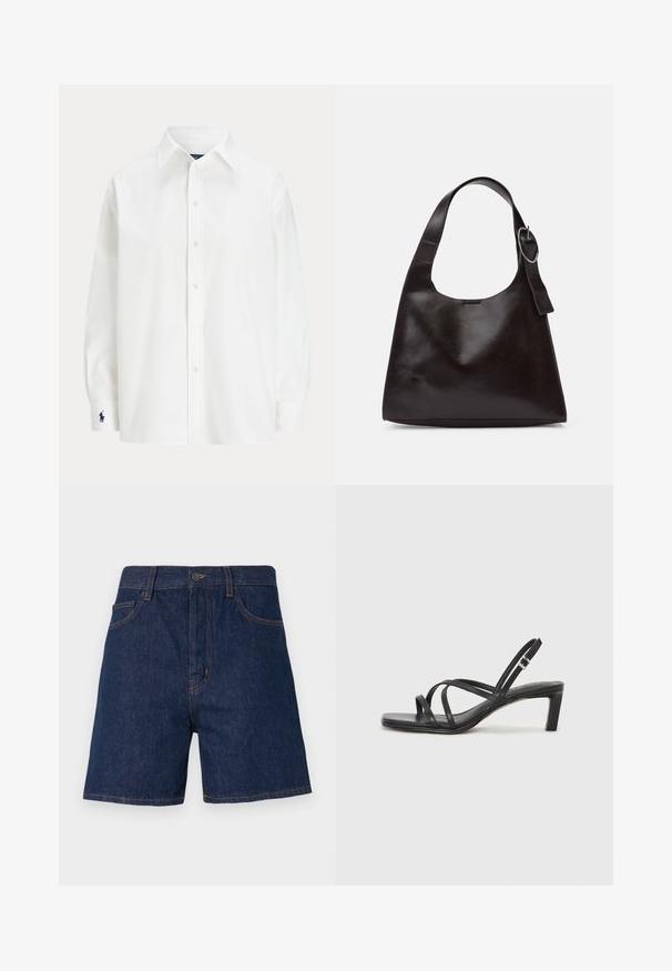 Chemise blanche à manches longues, col classique, avec un petit logo bleu sur le poignet. Tissu en coton lisse, coupe structurée.; Shorts en denim bleu foncé avec un design classique à cinq poches, surpiqûres orange visibles et fermeture à bouton au niveau de la taille.; Sandale noire à lanières avec un bout carré et un petit talon bloc. Elle présente plusieurs fines lanières et une sangle de cheville ajustable. Fabriquée en cuir lisse.; Sac en cuir marron porté épaule avec une texture lisse, une forme arrondie, une large sangle et un accent métallique circulaire sur la poignée.