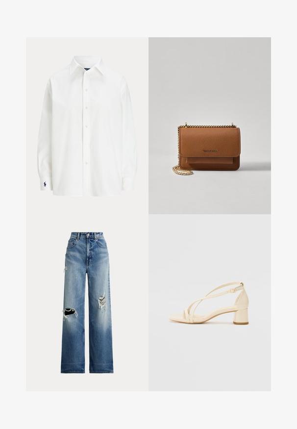 Hvit knapp-up skjorte med lange ermer, klassisk krage, og en liten blå logo på mansjetten. Glatt bomullsstoff, strukturert passform.; Vide benfarget blå denimjeans med slitte hull på knærne, med høy midje, knappelukking og klassisk femlommers design.; Beige hæl-sandaler med blokhæl, rem-design og justerbar ankelrem, lavet af glat syntetisk materiale med mat finish.; Brun teksturert lær crossover-veske med gullkjede-stropp og klaffelukking. Fronten har logo-detalj og en lomme under klaffen.
