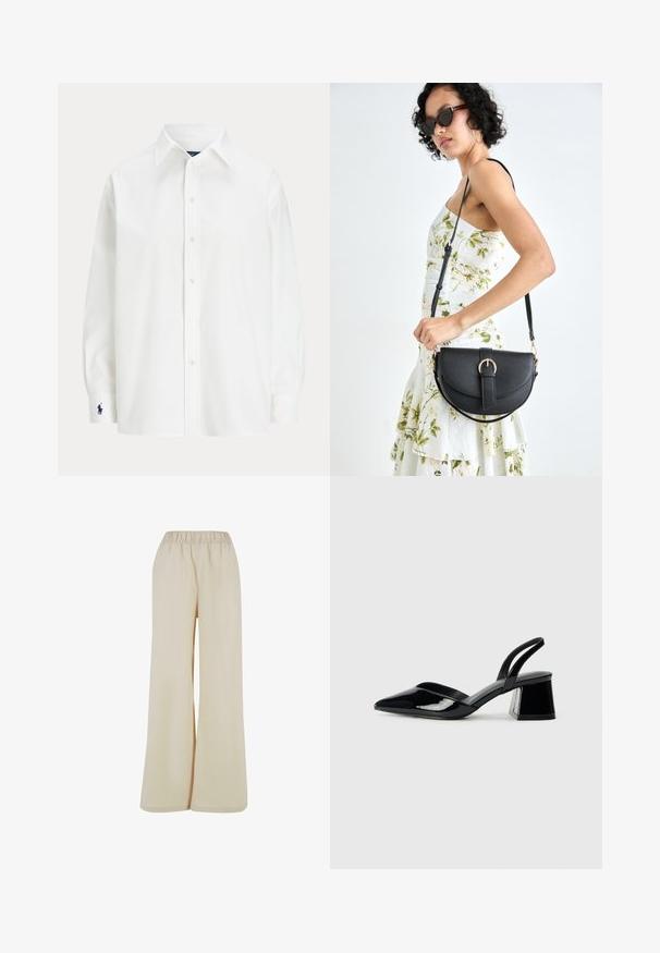 Balta mygtukinėmarškinė su ilgomis rankovėmis, klasikinis apykaklė ir mažas mėlynas logotipas ant rankovės. Lygus medvilnės audinys, tvirtas prigludimas.; Šviesiai smėliniai plačių kojų kelnės su elastinga juosmeniu. Lygus, švelnus audinys su laisvu siluetu, neturintis matomų raštų ar akcentų.; Juodos lakuotos odinės šlepetės su smailiu pirštu ir geometriniu bloko kulnu. Turi elegantišką, minimalistinį dizainą ir lygų paviršių.; Juodas odinis krepšys su išlenkta forma, nuimamu dirželiu ir auksiniais detalėmis. Krepšys turi kilpą su sagtimi.