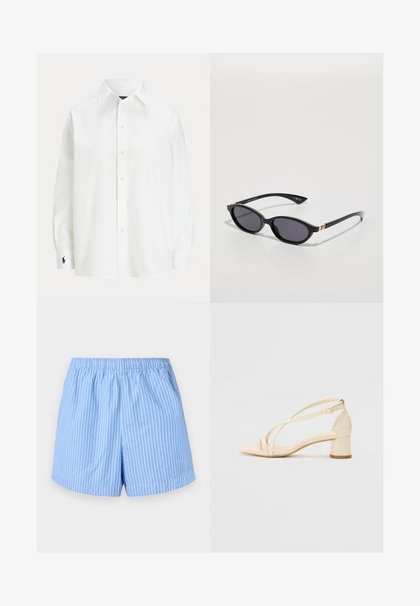 Chemise blanche à manches longues, col classique, avec un petit logo bleu sur le poignet. Tissu en coton lisse, coupe structurée.; Shorts bleu ciel avec des rayures verticales blanches, taille élastique, longueur mi-cuisse et texture en coton lisse.; Sandales à talons beiges avec un talon bloc, un design entrecroisé et une bride de cheville réglable, fabriquées en matériau synthétique lisse avec une finition mate.; Lunettes de soleil noires avec des lentilles ovales, teinte dégradée foncée et branches fines accentuées par des touches d'or subtiles. Fini en plastique lisse.; Sac à main en cuir brun avec un design courbé, une chaîne dorée, une poche intérieure et une bandoulière amovible. Présente des coutures contrastantes.