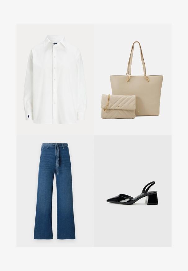 Bílá košile s dlouhými rukávy, klasickým límcem a malým modrým logem na manžetě. Hladká bavlněná tkanina, strukturovaný střih.; TOM TAILOR DENIM TTMIJA CULOTTE - Široké džíny - used mid stone blue denim; Černé lakované kožené lodičky na pásku s špičatou špičkou a geometrickým blokovým podpatkem. Vyznačují se elegantním, minimalistickým designem a hladkým povrchem.; Beige taška přes rameno s plochými uchy, hladkým povrchem a zlatými detaily, doplněná o odpovídající prošívanou psaníčko s řetízkem.
