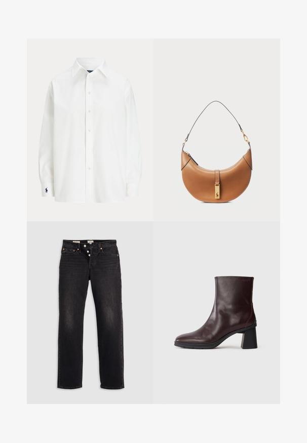 Camicia bianca con maniche lunghe, colletto classico e un piccolo logo blu sul polsino. Tessuto di cotone liscio, vestibilità strutturata.; Jeans in denim nero con un taglio dritto, dotati di cinque tasche, rivetti in rame e chiusura con bottone. Tessuto morbido con leggere sfumature di scolorimento.; Stivale alla caviglia in pelle marrone scuro con tacco a blocco e punta rotonda, visualizzato su uno sfondo grigio chiaro uniforme.; Borsa a tracolla in pelle color nocciola con forma curva, hardware dorato e tracolla sottile. Presenta una chiusura con zip e dettagli con logo sulla parte anteriore.