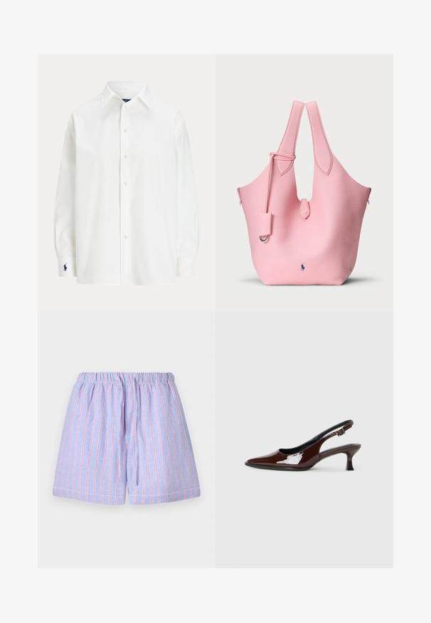 Chemise blanche à manches longues, col classique, avec un petit logo bleu sur le poignet. Tissu en coton lisse, coupe structurée.; Shorts violet clair avec des rayures verticales roses, dotés d'une taille élastique et d'un cordon de serrage. Fabriqués en tissu doux avec une coupe décontractée.; Chaussure slingback en cuir verni marron avec un bout pointu et un talon modéré. Elle est dotée d'une sangle à boucle pour un ajustement sécuritaire. Texture lisse.; Sac fourre-tout en cuir rose avec une surface texturée, doté de deux poignées allongées et d'une petite étiquette détachable. Logo situé en bas.