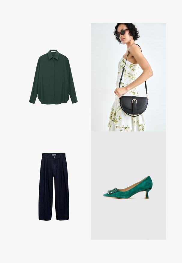 Tmavozelená košeľa s dlhým rukávom, klasickým golierom, predným zapínaním na gombíky a voľným strihom; vyrobená z hladkej tkaniny s jemnou textúrou.; Tmavé džínsy s širokými nohavicami a pregibmi v páse, s predným gombíkom a pútkami na opasok. Hladká textúra a celodlhý strih.; Zelené semišové topánky na mačacích podpätkoch s špicatou špičkou a dekoratívnou kamienkovou sponou vpredu, zobrazené z bočného profilu na bielom pozadí.; Čierna kožená kabelka s zaobleným tvarom, odnímateľným popruhom a zlatými doplnkami. Kabelka má klopu s detailom s prackou.