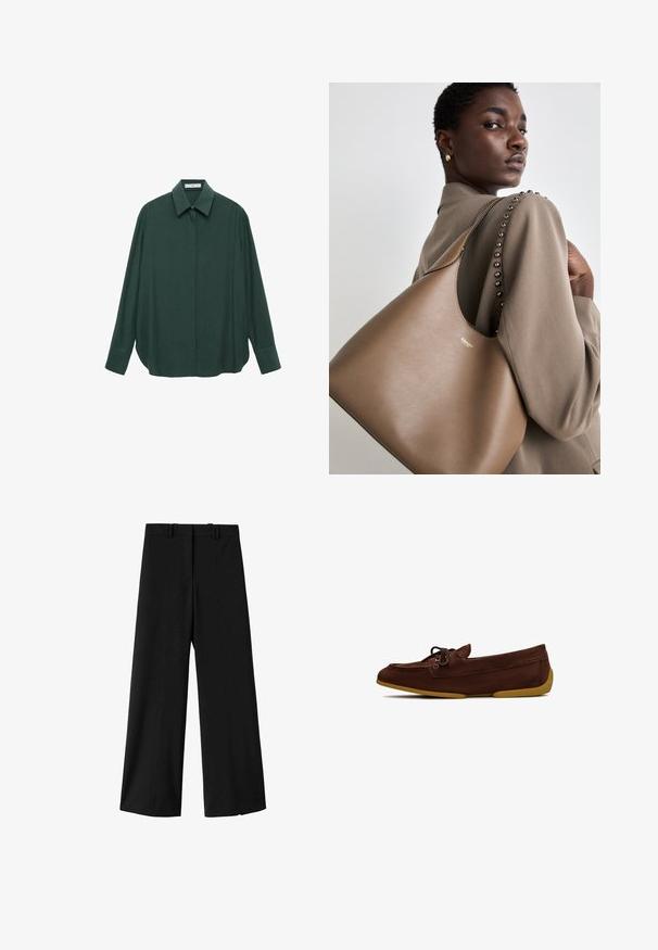 Ciemnozielona koszula z długim rękawem, z klasycznym kołnierzykiem, z przodu zapięcie na guziki i luźny krój; wykonana z gładkiego materiału o subtelnej fakturze.; Czarne spodnie szerokie z gładkiego materiału, z usztywnionym pasem i dwoma liniami z przodu, co zapewnia elegancki wygląd.; Brązowe zamszowe mokasyny z zaokrąglonym noskiem, zdobieniami w postaci sznurowania i elastyczną żółtą gumową podeszwą. Prosty, nieozdobiony design.; Brązowa skórzana torebka o gładkiej fakturze, z zaokrąglonym kształtem i metalowym logo. Pasek zdobiony jest dekoracyjnymi ćwiekami wzdłuż szwu.