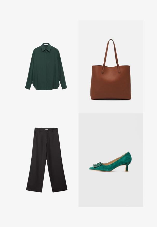 Mørkegrøn langærmet skjorte med klassisk krave, frontknaplukning og afslappet pasform; lavet af glat stof med en subtil struktur.; Sorte bukser med vidde, lavet af glat stof, med en frontlynlås og to sidelommer, i en skræddersyet pasform og minimalistisk design.; Grøn nubuck kitten heel sko med spids tå og dekorativt smykkespænde foran, vist i sideprofil på hvid baggrund.; Brun læder tote taske med en glat overflade, åben topdesign og to skulderremme. Har minimal syning og ingen synlig hardware.