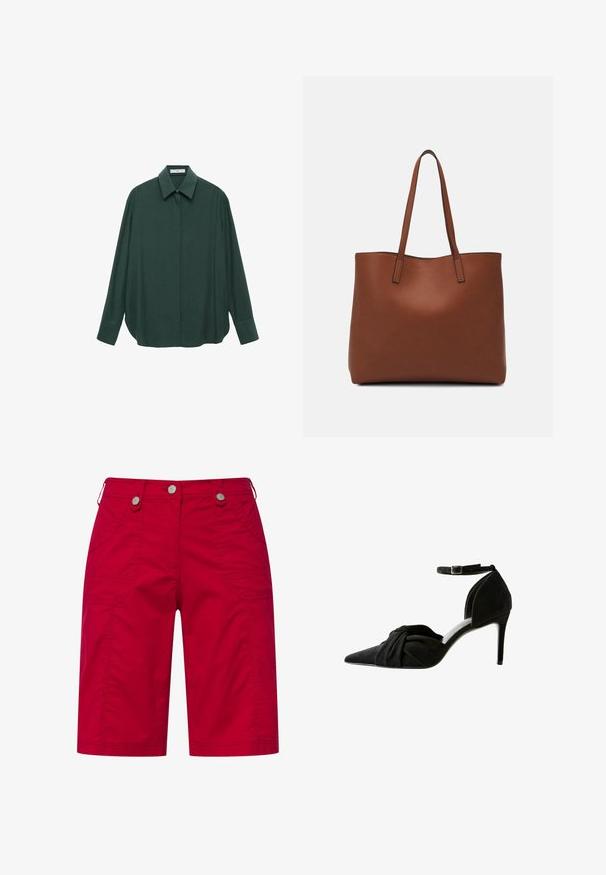 Camisa de manga larga verde oscuro con collar clásico, cierre frontal de botones y un ajuste relajado; hecha de una tela suave con una sutil textura.; Pantalones cortos de carga rojos hechos de algodón, con dos bolsillos laterales, costuras decorativas y cierres de botón plateados en la cintura.; Zapato de tacón alto de ante negro con puntera afilada, detalle anudado en la parte frontal, correa en el tobillo y un delgado tacón tipo stiletto.; Bolso tote de cuero marrón con una textura suave, diseño de apertura superior y dos correas para el hombro. Presenta una costura mínima y sin herrajes visibles.