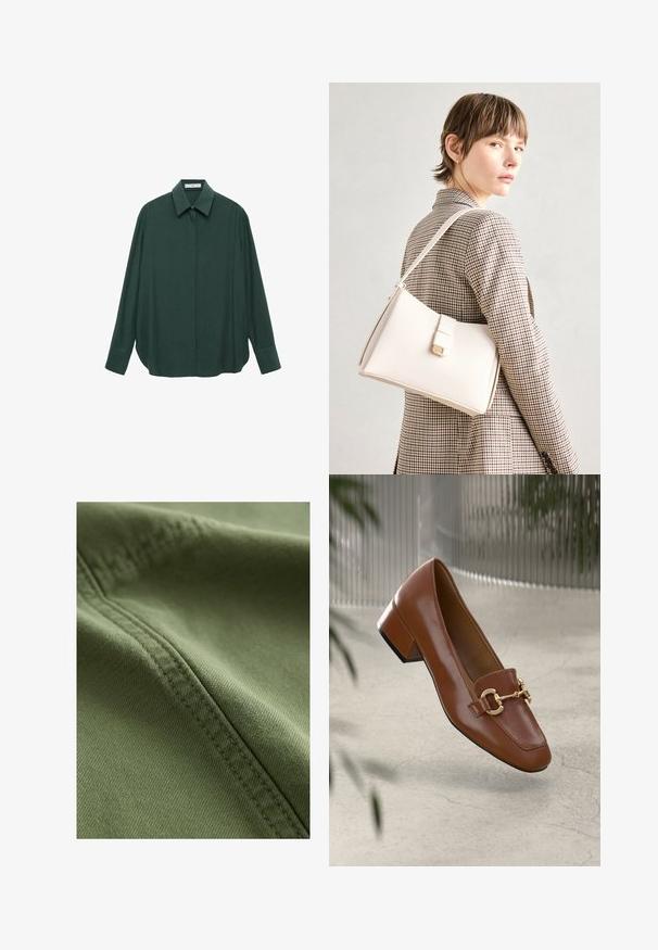 Tmavozelená košeľa s dlhým rukávom, klasickým golierom, predným zapínaním na gombíky a voľným strihom; vyrobená z hladkej tkaniny s jemnou textúrou.; Next Denimové šortky - khaki green; Hnedé lakované kožené loafers s hranatou špičkou, kovovým reťazovým akcentom a nízkym blokovým podpätkom; hladká textúra, minimalistický dizajn.; Biely kožený kabelka so štruktúrovaným dizajnom, s magnetickým uzáverom a ramenným popruhom, vystavená na neutrálnom pozadí.