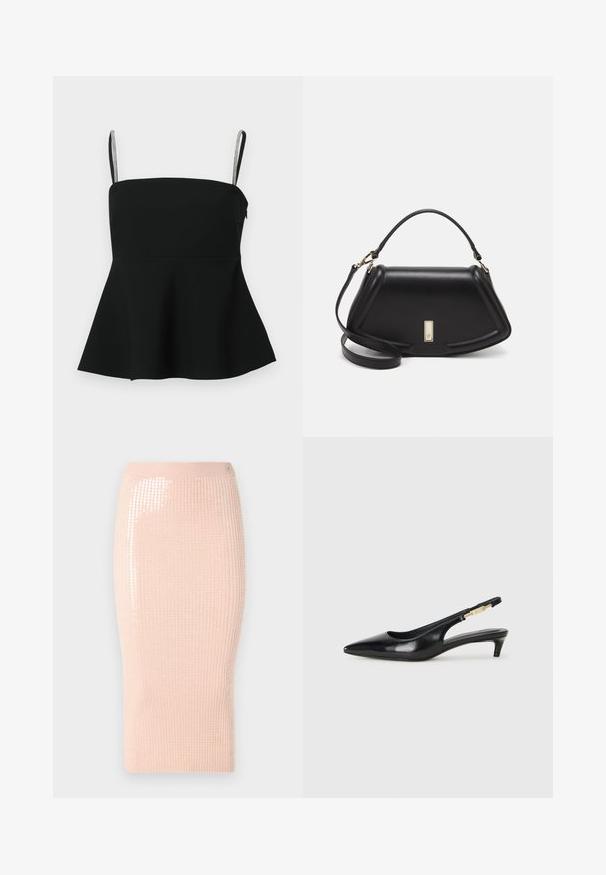 Schwarzes Peplum-Oberteil mit dünnen verstellbaren Trägern und silbernen Akzenten. Aus glattem Stoff gefertigt, mit einer taillierten Passform und einem ausladenden Saum.; Strick-Midi-Rock in sanftem Rosa mit vertikaler Rippung und Pailletten, die eine Seite akzentuieren. Er verfügt über eine enganliegende Silhouette und ein dehnbares Material.; Schwarze Leder-Slingback-Pumps mit spitzem Schuhblatt, ausgestattet mit einem schlanken Absatz und einem goldfarbigen Akzent am verstellbaren Riemen. Glatte Textur.; Schwarze Lederhandtasche mit einem strukturierten Design, das eine verkürzte Form, einen oberen Griff und goldfarbene Hardware-Details aufweist. Verstellbarer Schulterriemen ist enthalten.