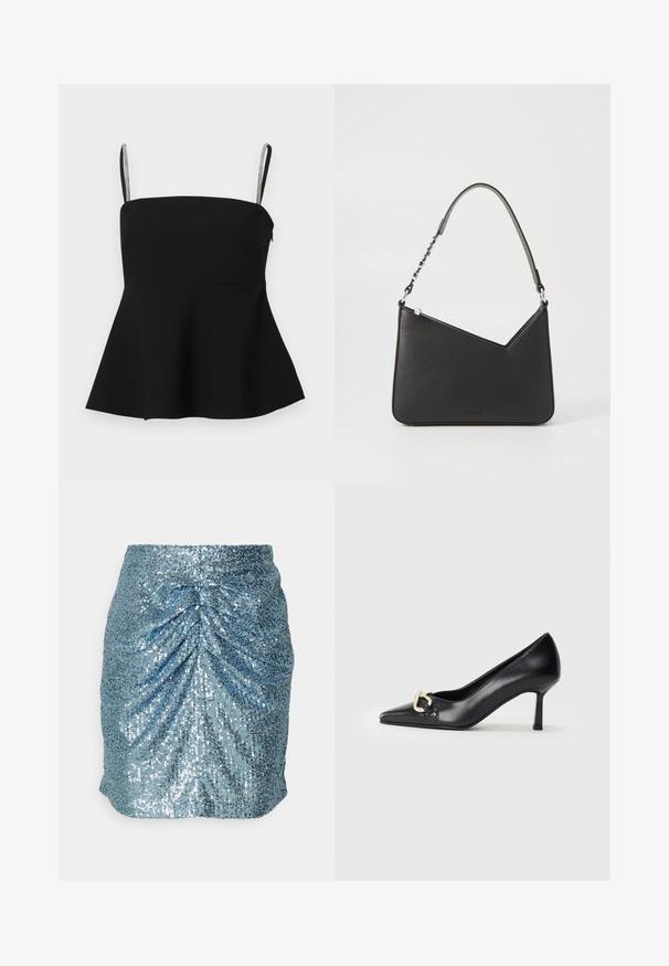 Čierny peplum top s tenkými nastaviteľnými ramienkami a striebornými akcentmi. Vyrobený z hladkého materiálu, s priliehajúcim korzetom a rozšíreným lemom.; Trblietavá mini sukňa svetlo modrej farby so zhrnutou textúrou, s priliehavým strihom a žiarivými metalickými akcentmi po celom povrchu.; Čierne kožené lodičky s špicatou špičkou a 7 cm podpätkom. Výrazný zlatý hardvérový detail v tvare srdca na boku. Celková hladká textúra.; Čierna kožená kabelka trojuholníkového tvaru so štíhlym popruhom a striebornými kovovými prvkami. Obsahuje zips na uzatváranie a embosované logo na prednej strane.