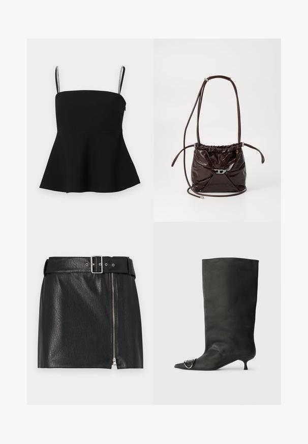 Melnā pepluma blūze ar plānām regulējamām siksnām un sudraba akcentiem. Izgatavota no gludas auduma, ar pieguļošu krūšu daļu un izvērstu apakšdaļu.; Melnā mākslīgās ādas mini svārki ar platumu jostu, sudraba sprādzi un sānu rāvējslēdzēju. Iezīmē teksturētu virsmu un taisnu griezumu.; Melnas ādas potīšu zābaki ar smailu purngalu, mazu papēdi un metāla akcentu uz purngala. Gluda, matēta virsma visā zābaku garumā.; Tumšbrūns, spīdīgs ādas plecu soma ar savilkta augšdaļa un plānu regulējamu siksniņu, kurai priekšā ir neliela sudraba krāsas sprādze.