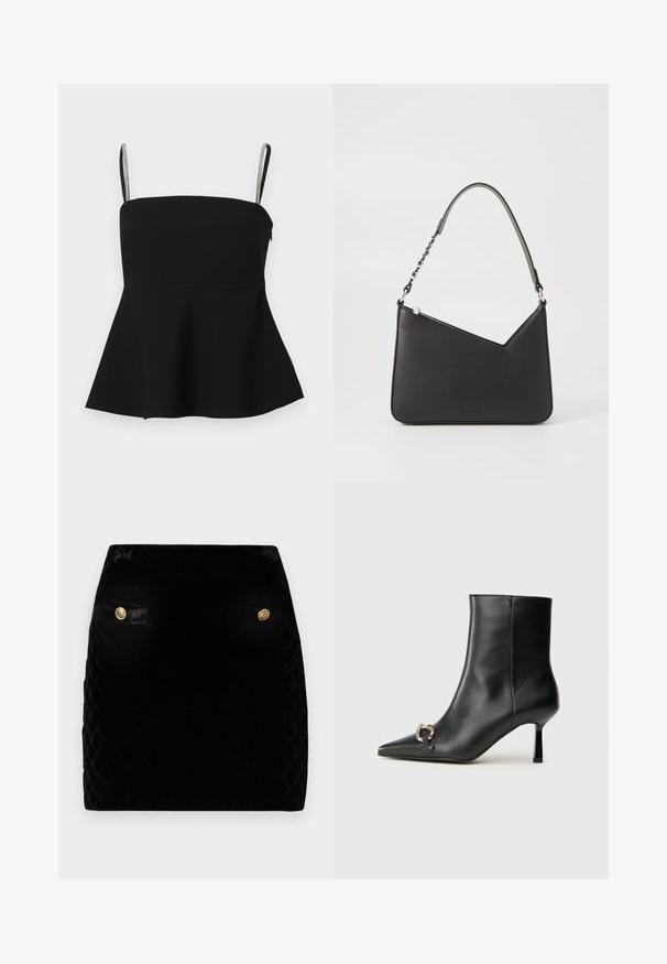 Mustat peplum -paita ohuiden säädettävien olkaimien ja hopea-tehosteiden kanssa. Valmistettu sileästä kankaasta, jossa on istuva yläosa ja levenevä helma.; Mustakasta brokaattivillaa oleva lyhyt hame, jossa on kultaiset napit vyötäröllä. Silkkinen rakenne ja jämäkkä muotoilu, joka luo istuvan ilmeen.; Musta nahkasaapas nilkkapituisilla, terävillä kärjillä, hoikalla keskipituisella korolla ja hopeavöillä sivussa yksinkertaista taustaa vasten.; Musta nahkakäekott kolmnurga kujuga, peene rihmaga ja hõbedaste detailidega. Omab lukuga sulgemist ja esiküljel on reljeefne logo.