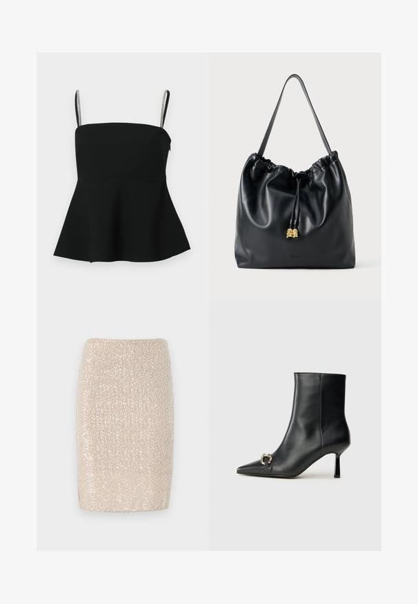 Juodas peplumo tipo viršus su plonais reguliuojamais petnešėlėmis ir sidabro akcentais. Pagamintas iš glotnaus audinio, turi prigludusį liemenį ir išplatintą apačią.; Blizganti smėlio spalvos pieštuko sijonas su prigludusiu dizainu, padengtas mažais, atspindinčiais blizgučiais, glotni tekstūra ir tiesiu apvadų kraštu.; Juodas odinis apavas iki kulkšnies su smailiu nosiu, plonu vidutinio aukščio kulnu ir sidabriniu sagties akcentu šone, prieš paprastą foną.; Juodas odinis maišelis su virvute, turintis lygią tekstūrą, susiraukšlėtą viršų ir subtilų auksinį apdailą. Turi vieną tvirtą diržą ir įspaustą logotipą.