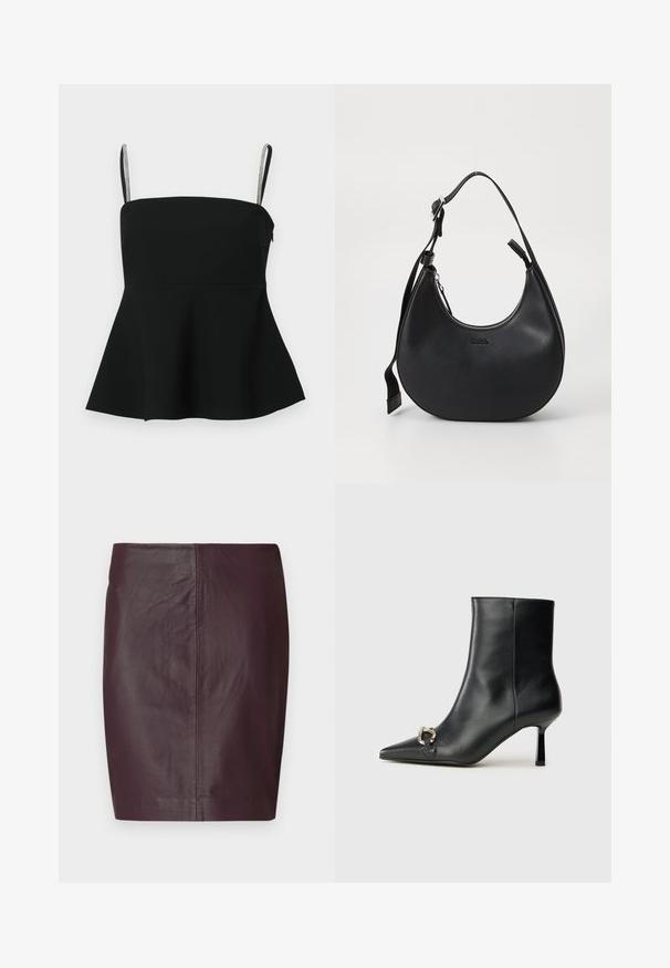 Black peplum top with thin adjustable straps and silver accents. Made from smooth fabric, featuring a fitted bodice and flared hem.; Dark burgundy leather skirt with a smooth texture, fitted design, and a straight silhouette. Features minimal seams and no visible hardware.; Black leather ankle boot with pointed toe, slim mid-height heel, and silver buckle detail on side against plain background.; Black leather shoulder bag with a curved shape, zip closure, and adjustable strap. Features embossed brand logo on the front.