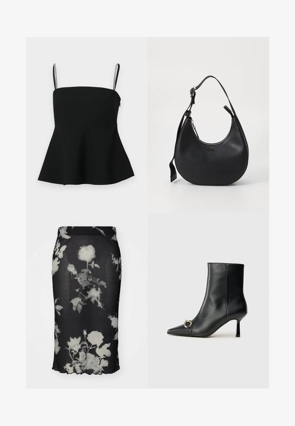 Svart peplum topp med tynne justerbare stropper og sølvdetaljer. Laget av glatt stoff, med en tettsittende bodice og utvidet kant.; Svart ribbestrikket skjørt med hvitt blomstermønster, med en tettsittende design og bølget kant. Materialet ser ut til å være elastisk og lett.; Sorte lær ankle boot med spiss tå, slank mid-høyde hæl og sølvspenne på siden mot en enkel bakgrunn.; Svart skulderveske i skinn med buet form, glidelås og justerbar stropp. Har preget merkevarelogo på forsiden.
