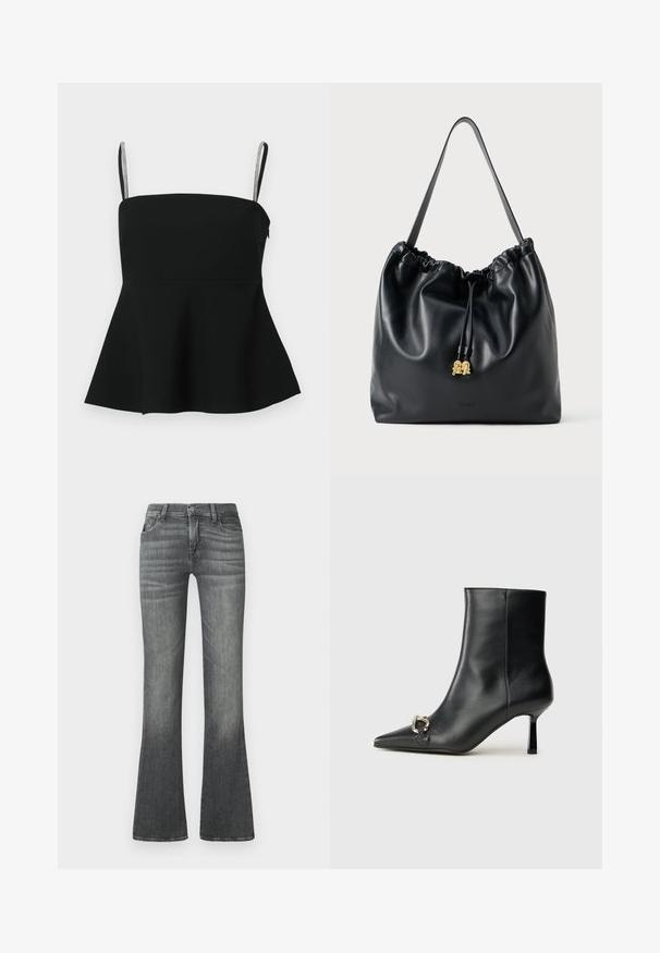 Schwarzes Peplum-Oberteil mit dünnen verstellbaren Trägern und silbernen Akzenten. Aus glattem Stoff gefertigt, mit einer taillierten Passform und einem ausladenden Saum.; Graue ausgestellte Jeans aus Denim mit einem mittelhohen Bund, subtiler Ausbleichung und klassischem Fünf-Taschen-Design.; Schwarze Leder-Stiefelette mit spitzer Zehe, schlankem, mittelhohem Absatz und silberner Schnalle seitlich vor einem schlichten Hintergrund.; Schwarze Lederzugtasche mit glatter Oberfläche, gerafftem oberen Teil und dezenten goldenen Hardware. Sie verfügt über einen stabilen Schulterriemen und ein geprägtetes Logo.