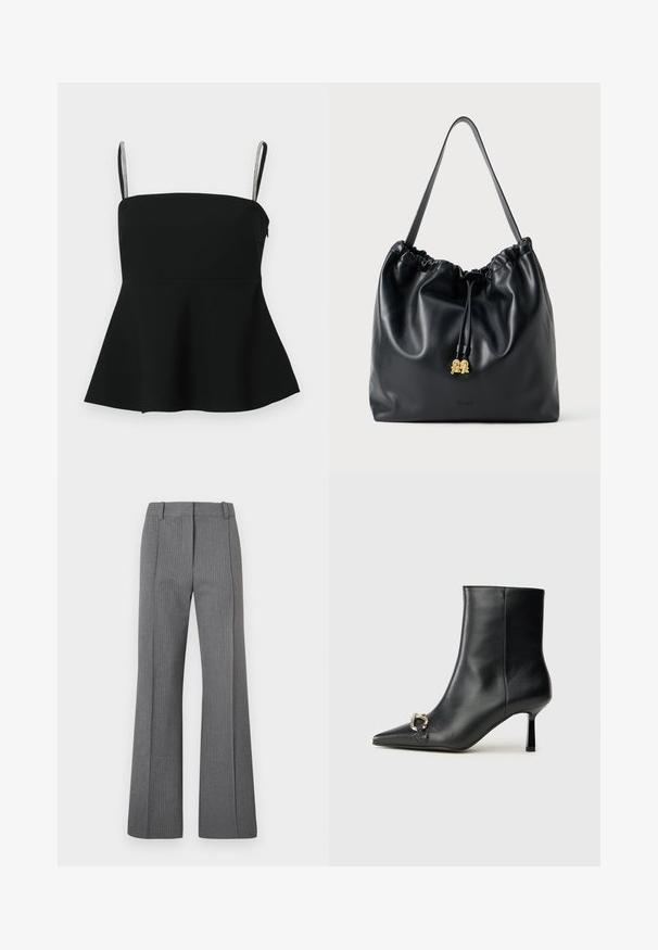 Schwarzes Peplum-Oberteil mit dünnen verstellbaren Trägern und silbernen Akzenten. Aus glattem Stoff gefertigt, mit einer taillierten Passform und einem ausladenden Saum.; Graue, gestreifte Schlaghosen mit flachem Bund, Gürtelschlaufen und glattem Material. Lange Ausführung mit subtilen Musterdetails.; Schwarze Leder-Stiefelette mit spitzer Zehe, schlankem, mittelhohem Absatz und silberner Schnalle seitlich vor einem schlichten Hintergrund.; Schwarze Lederzugtasche mit glatter Oberfläche, gerafftem oberen Teil und dezenten goldenen Hardware. Sie verfügt über einen stabilen Schulterriemen und ein geprägtetes Logo.