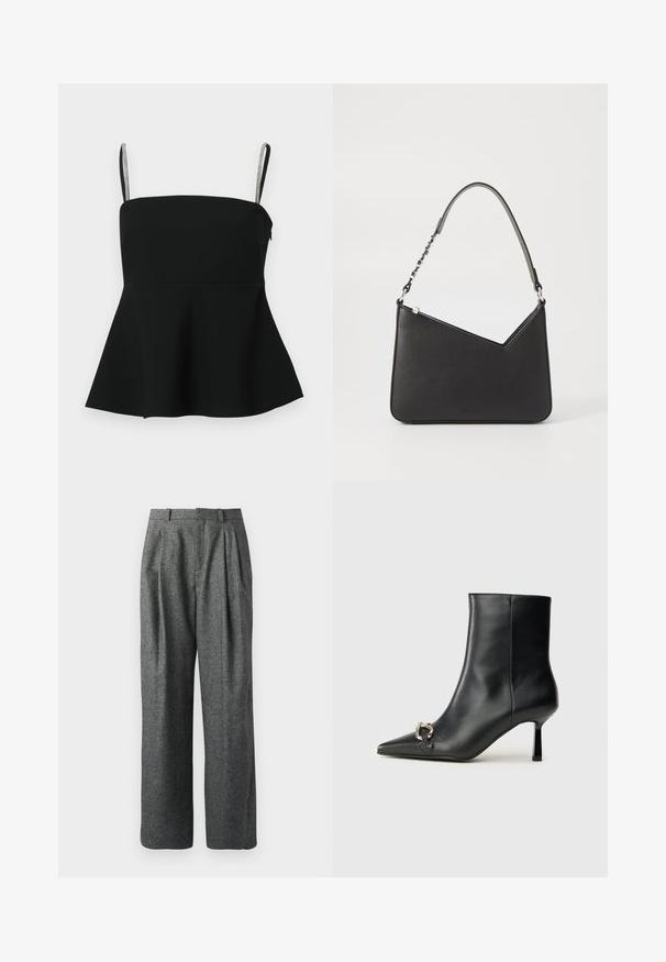 Top peplum preto com alças finas ajustáveis e detalhes em prata. Feito de um tecido suave, possui um corpete ajustado e uma bainha larga.; DRYKORN INK - Calças - grey; Bota preta de couro até ao tornozelo com bico apontado, salto slim de altura média e detalhe em fivela prateada de lado, contra um fundo simples.; Bolsa de couro preta com formato triangular, alça fina e detalhes em metal prateado. Apresenta um fecho com zíper e logótipo em relevo na parte frontal.