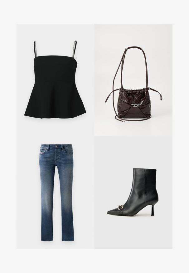 Črn peplum top z tankimi nastavljivimi naramnicami in srebrnimi akcenti. Narejen iz gladkega materiala, z oprijetim korzetom in razširjenim robom.; Temno modri jeans z ravnimi nogavicami, z blagim bledenjem na stegnih in klasičnim pet-torbastim oblikovanjem.; Črne usnjene gležnjarje s koničastim nosom, ozkim srednjem petam in srebrno zaponko na strani na enobarvni podlagi.; Temno rjava sijoča usnjena torba čez ramo z nabiranim zgornjim delom in tankim nastavljivim trakom, ki je na sprednji strani opremljena z majhno kovinsko zaporo srebrne barve.