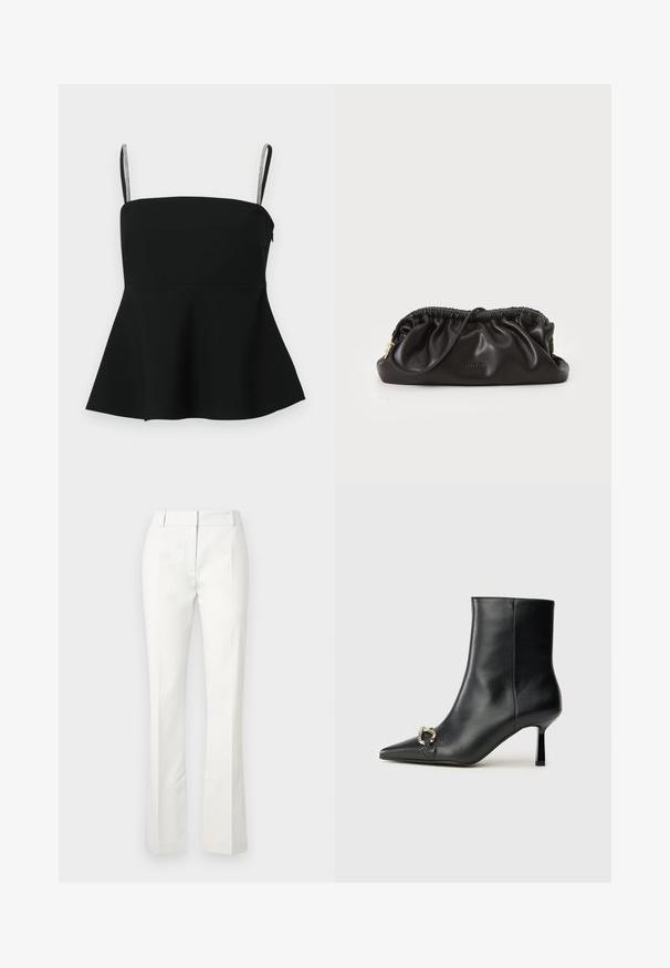 Black peplum top with thin adjustable straps and silver accents. Made from smooth fabric, featuring a fitted bodice and flared hem.; White tailored trousers with a flared bottom, featuring front pleats and a smooth texture, made from a lightweight fabric.; Black leather ankle boot with pointed toe, slim mid-height heel, and silver buckle detail on side against plain background.; Black leather clutch bag with gathered top, zip closure, and gold hardware accent. Smooth texture with embossed logo detail.