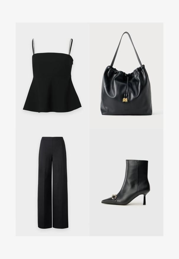 Black peplum top with thin adjustable straps and silver accents. Made from smooth fabric, featuring a fitted bodice and flared hem.; Black wide-leg trousers made of smooth fabric. Features a high waistband and clean, straight lines without visible pockets or embellishments.; Black leather ankle boot with pointed toe, slim mid-height heel, and silver buckle detail on side against plain background.; Black leather drawstring bag with a smooth texture, gathered top, and subtle gold hardware. Features a single sturdy strap and embossed logo.