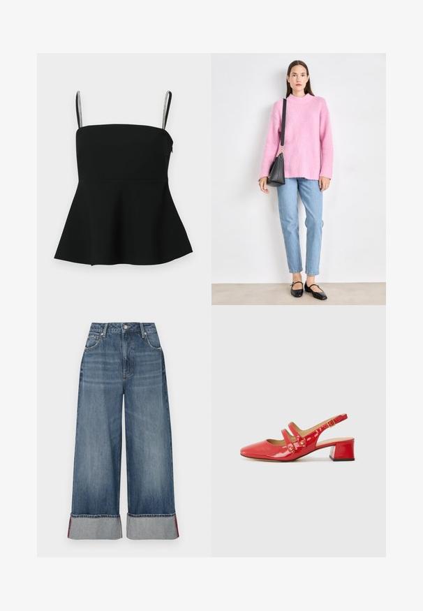 Must muströöviga must peplum-tee, millel on õhukesed reguleeritavad rihmad ja hõbedased aksessuaarid. Valmistatud siledast kangast, omab see kinnitatud bodi ja laienevat allserva.; Laia teksapüksid keskmise sinise pesu ja kõrge vöökoha ning viie taskuga. Eres kontrastne õmblus ja üleskeeratud sääred punaste aktsentidega.; Punane patendi nahast kontsaga king, millel on terav nina, kahe rihmaga disain, millel on ümmargused aktsendid ja madal plokk-kontsi.; Roosa karvane sviiter kõrge kaelusega, heledad sinised teksad ja mustad korterid. Sviiteril on lõdvestunud lõige ja ribakäised. Must käekott rihmaga.