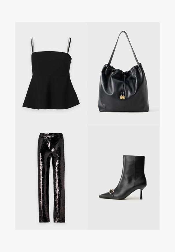 Schwarzes Peplum-Oberteil mit dünnen verstellbaren Trägern und silbernen Akzenten. Aus glattem Stoff gefertigt, mit einer taillierten Passform und einem ausladenden Saum.; Schwarze Paillettenhose mit geradem Bein, die eine glänzende Textur und eine schimmernde Oberfläche aufweist, die das Licht reflektiert. Keine sichtbaren Verschlüsse.; Schwarze Leder-Stiefelette mit spitzer Zehe, schlankem, mittelhohem Absatz und silberner Schnalle seitlich vor einem schlichten Hintergrund.; Schwarze Lederzugtasche mit glatter Oberfläche, gerafftem oberen Teil und dezenten goldenen Hardware. Sie verfügt über einen stabilen Schulterriemen und ein geprägtetes Logo.