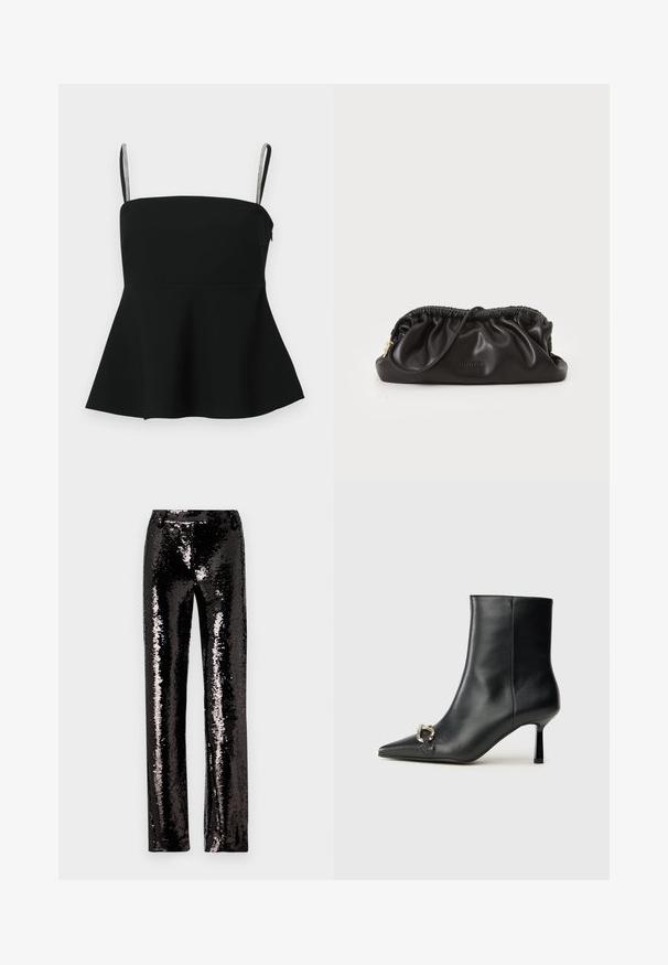 Haut peplum noir avec de fines bretelles ajustables et des accents argentés. Fabriqué à partir d'un tissu lisse, il présente un buste ajusté et un ourlet évasé.; Pantalons noirs en sequins avec une coupe droite, présentant une texture brillante et une surface scintillante qui reflète la lumière. Pas de fermetures visibles.; Bottine en cuir noir avec un bout pointu, un talon moyen fin et un détail de boucle en argent sur le côté, se détachant sur un fond uni.; Pochette en cuir noir avec un haut froncé, fermeture éclair et accents en métal doré. Texture lisse avec détails du logo en relief.