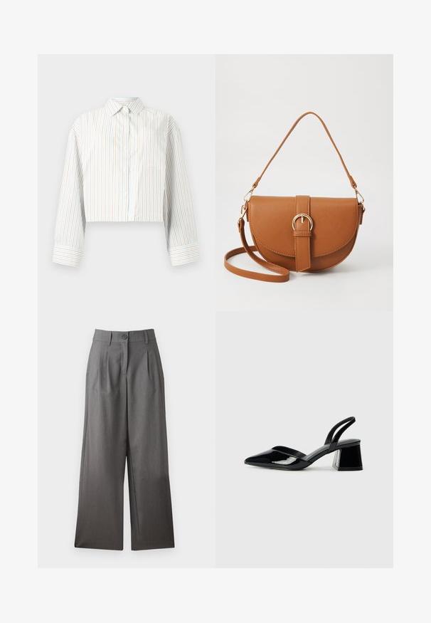 Camisa cropped de botões em azul claro com riscas verticais em laranja e branco. Apresenta um colarinho clássico, mangas longas e um bolso no peito.; Calças largas em tecido cinza escuro, com fecho de botão, pregas na frente e textura suave. Sem padrões ou acentos visíveis.; Sandy em verniz preto com salto slingback, ponta afilada e salto geométrico. Apresenta um design elegante e minimalista com textura suave.; Bolsa transversal de couro castanho com um formato curvado, ferragens douradas e um detalhe de fivela. Inclui uma alça de ombro destacável.