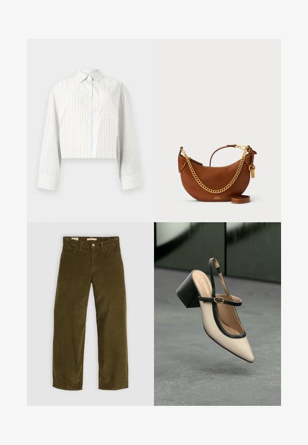 Cropped button-up shirt in light blue with vertical stripes in orange and white. Features a classic collar, long sleeves, and a chest pocket.; Olive green corduroy trousers with a straight leg design, featuring front pockets and a button fly, displaying vertical ribbed texture.; Beige pointed-toe slingback shoe with black trim, gold buckle, and a chunky block heel on gray floor with dark green background.; Brown leather handbag with a curved design, gold chain strap, interior pocket, and a detachable shoulder strap. Features contrasting stitching.