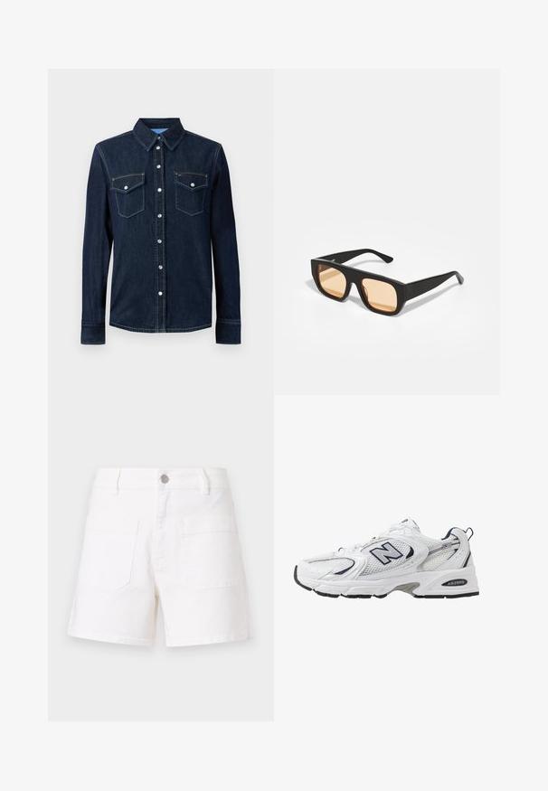 Chemise en denim bleu foncé avec un bouton sur le devant, deux poches poitrine, des boutons-pression et des coutures contrastées le long des coutures.; Shorts en denim blanc avec une coupe droite, dotés de deux poches arrière et d'une fermeture à bouton en métal. Texture lisse et design classique.; B baskets blanches avec une tige en mesh, des accents bleu marine et une semelle rembourrée. Présente le logo "N", des lacets et un détail texturé sur le côté.; Lunettes de soleil carrées noires avec des verres teintés orange. Fini mat avec des montures épaisses. Branches droites sans embellissements.