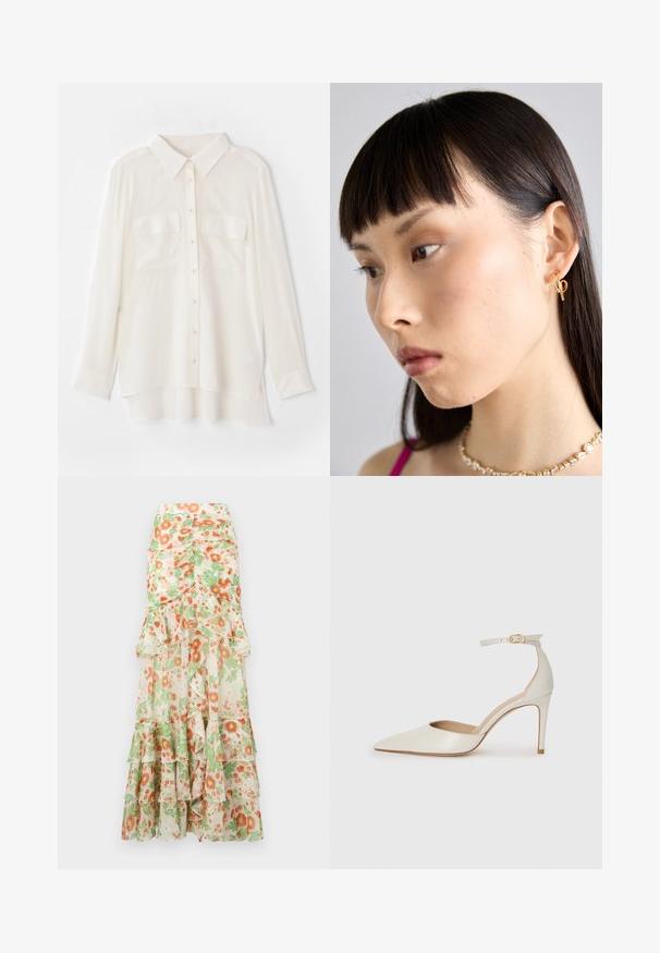 Chemise blanche à boutons en tissu léger. Présente un col classique, deux poches poitrine et un ourlet arrière légèrement plus long.; Jupe maxi florale avec un fond crème, imprimé de fleurs orange et vertes, couches froncées et design de taille ajustée.; Chaussure à talon haut en cuir blanc avec un bout pointu, une bride de cheville et un talon aiguille fin. Texture lisse avec une finition légèrement brillante.; Boucle d'oreille en or portée à l'oreille droite, avec un design ouvert. Le modèle a les cheveux lisses et foncés et un maquillage minimal.