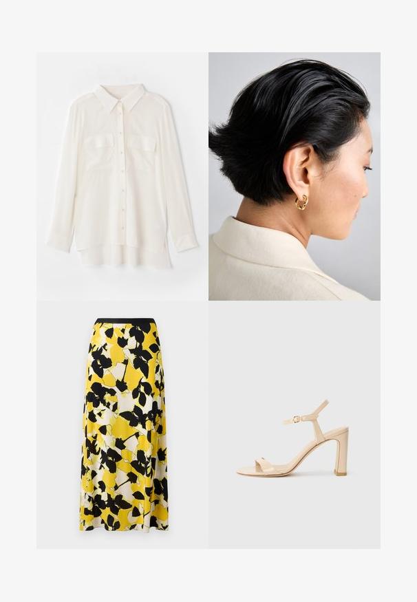 White button-up shirt made of lightweight fabric. Features a classic collar, two chest pockets, and a slightly longer back hem.; Yellow floral skirt featuring black and white leaf patterns, flowing fabric, and a fitted black waistband. A-line silhouette.; Beige high-heeled sandal with ankle strap and gold buckle, open toe, and block heel on a white background.; Gold metal hoop earring worn on short black hair, displayed from the side, showcasing a smooth, polished texture and contemporary design.