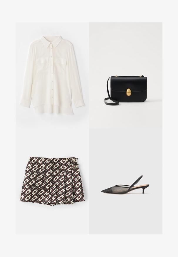 Bílá košile na knoflíky vyrobená z lehkého materiálu. Má klasický límec, dvě náprsní kapsy a mírně prodloužený zadní lem.; Značkové šortky s hnědo-krémovým geometrickým vzorem, dvěma bočními kapsami a zlatými akcenty. Materiál má hladkou texturu.; NEOUS IRENA - Klasické lodičky - black; Černá kožená kabelka se strukturovaným obdélníkovým tvarem. Obsahuje zlatou oválnou sponu a tenký ramenní popruh. Hladký povrch.