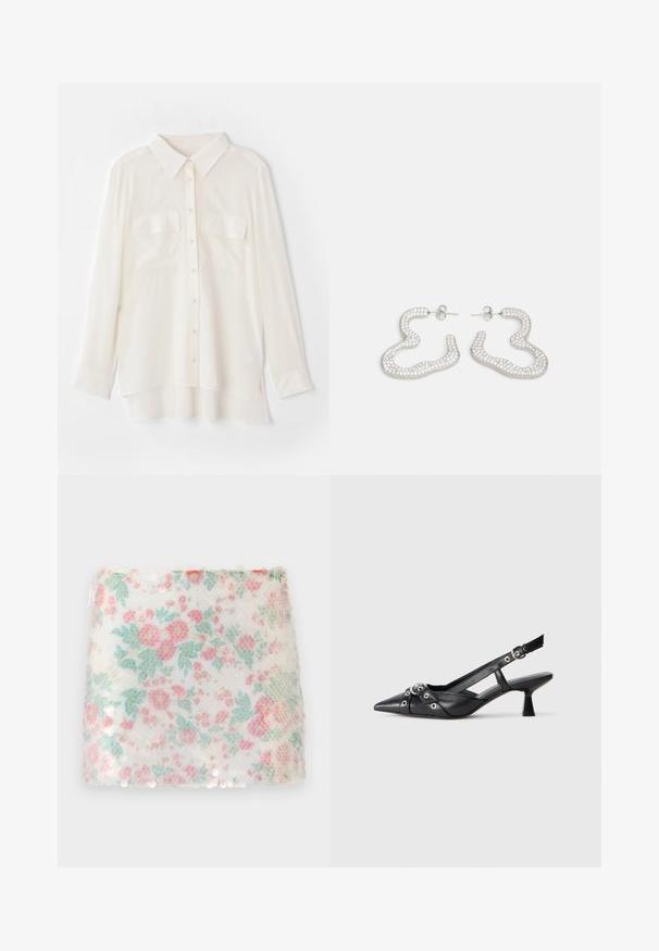 Könnyű anyagból készült fehér gombos ing. Klasszikus gallérral, két mellzsebbel, és enyhén hosszabb hátsó szegéllyel rendelkezik.; Virágmintás fehér textile, pasztell rózsaszín és zöld virágokkal, texturált felülettel, amelyen diszkrét flitterek találhatók az alsó szélen.; Fekete bőr slingback cipő hegyes orral, dekoratív pántokkal, fém szemekkel és alacsony blokk sarkú. Texturált felület.; Ezüst színű fülbevalók, hullámos, absztrakt dizájnnal, apró, csillogó kristályokkal díszítve. Biztonságos, patentos záródás.