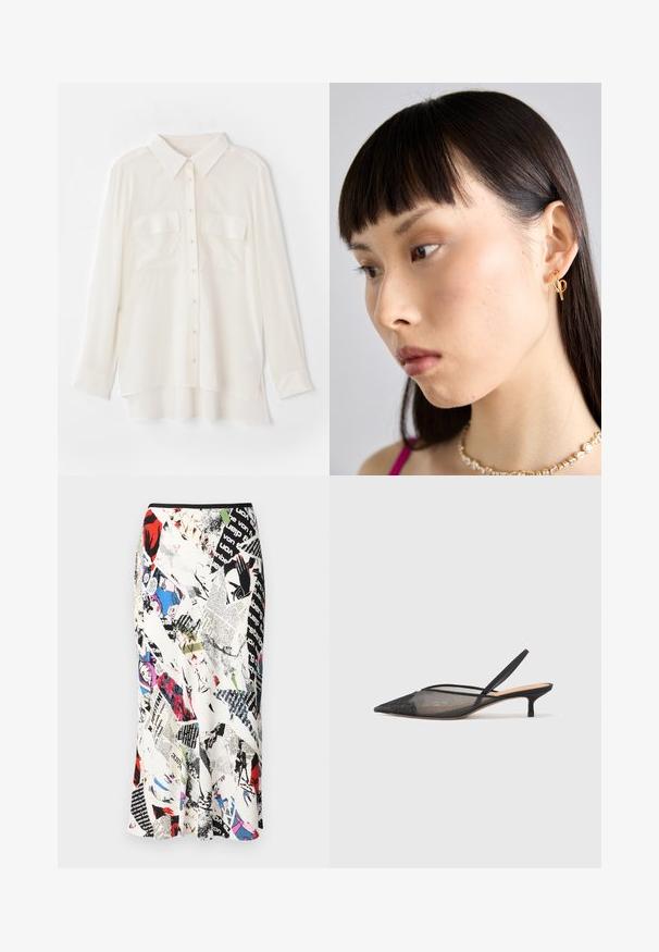 White button-up shirt made of lightweight fabric. Features a classic collar, two chest pockets, and a slightly longer back hem.; Diane von Furstenberg MAE SKIRT - Pencil skirt - multi coloured; NEOUS IRENA - Classic heels - black; Gold hoop earring worn on the right ear, featuring an open design. Model has straight, dark hair and minimal makeup.