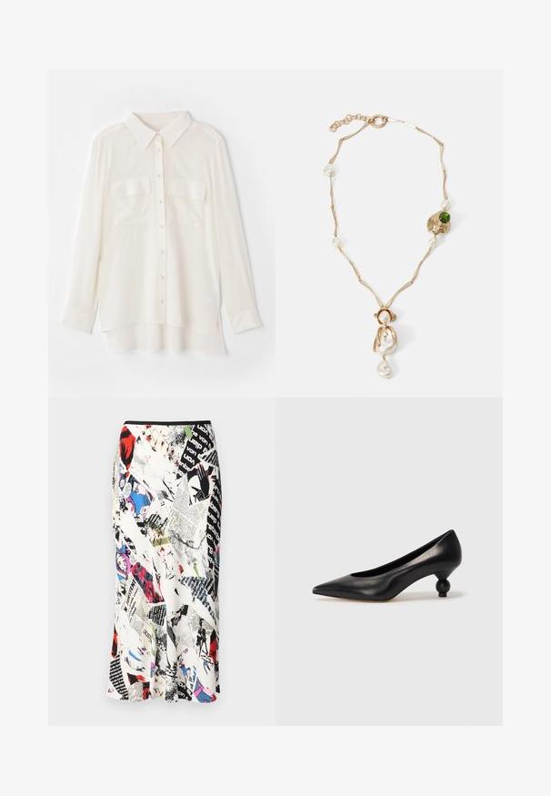 White button-up shirt made of lightweight fabric. Features a classic collar, two chest pockets, and a slightly longer back hem.; Diane von Furstenberg MAE SKIRT - Pencil skirt - multi coloured; Black leather high heel shoe with a pointed toe and a round, balled heel. Smooth texture with a sleek, minimal design.; Gold-tone necklace with twisted links, white pearls, and a green stone accent. Features intricate details and a clasp for fastening.