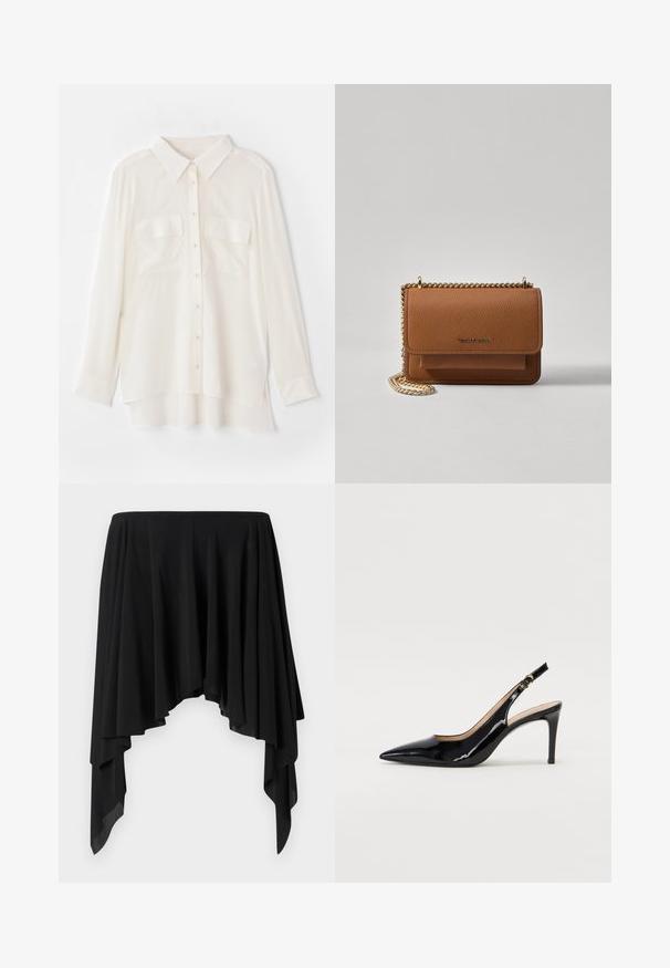 Balta marškinėlių su mygtukais, pagaminti iš lengvos medžiagos. Turi klasikinį apykaklę, dvi krūtinės kišenes ir šiek tiek ilgesnį nugaros kraštą.; Juoda asimetriška sijonas, pagamintas iš minkštos medžiagos, su drapiruotais sluoksniais ir plačiu juosmeniu, sukuriantis plaukuojančią siluetą.; Juodas lakinės odos slingback batelis su smailiu nosiu, plonu kulnu ir subtiliu išpjovos dizainu. Yra auksinė sagtis ant dirželio.; Ruda tekstūruota odinė per petį nešama rankinė su auksiniu grandininiu dirželiu ir užlenkiamo užsegimo. Priekinėje pusėje yra logotipo detalė ir kišenė po užlenkimu.