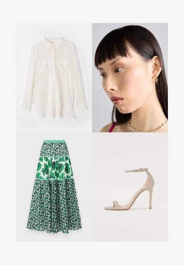 Cămașă albă cu nasturi, confecționată dintr-un material ușor. Prezintă un guler clasic, două buzunare pe piept și o margine din spate puțin mai lungă.; Fustă maxi cu model verde, dotată cu un brâu elastic. Prezintă un design stratificat cu imprimeuri florale și nuanțe variate de verde.; Sandale cu toc înalt, cu curelușe, de culoare aurie metalizată, având un toc texturat, vârful deschis și curea pe gleznă cu detalii din aur.; Cercel de aur purtat pe urechea dreaptă, având un design deschis. Modelul are părul drept, închis la culoare și machiaj minim.