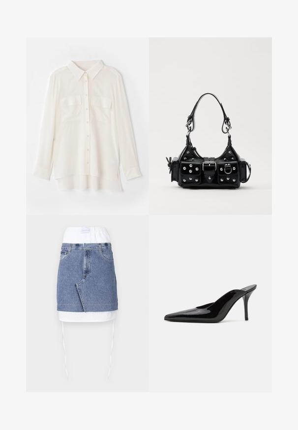 Bela srajca s kratkimi rokavi iz lahkega blaga. Ima klasičen ovratnik, dva žepa na prsih in nekoliko daljši zadnji rob.; Denim krilo z modrim telesom, belim perforiranim pasom in vrvicami. Ima sprednje žepe in ravno krojen obliko z neobdelanim robom.; Črne patentirane čevlje s peto, z usko silhueto in koničastim nosom, z odprtim hrbtom in vitko stiletto peto.; Črna usnjena torbica s ukrivljenim dizajnom, ki vsebuje srebrne žebljičke, zaponko in dve stranski žepki. Nastavljiv trak za različne možnosti nošenja.