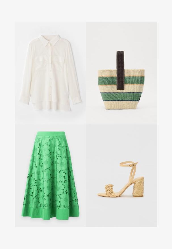 Könnyű anyagból készült fehér gombos ing. Klasszikus gallérral, két mellzsebbel, és enyhén hosszabb hátsó szegéllyel rendelkezik.; Zöld szoknya virágos kivágásos mintával, sima textúrával és szűk derékkal. Az alja egyszínű és enyhén bővül.; Bézs színű magassarkú szandál fonott textúrával, díszítő virággal és bokapánttal. A négyzet alakú sarok stabilitást biztosít.; Szőtt szalma táska zöld, kék és narancssárga csíkokkal, sötétbarna bőr fogantyúval, textúrált kiemelésekkel a jobb tapadás érdekében.