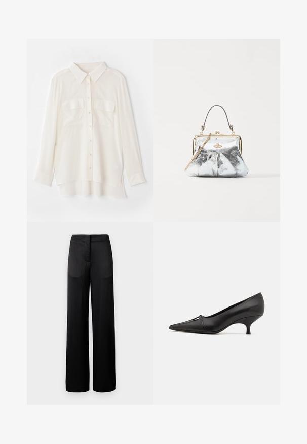 Biela košeľa na gombíky vyrobená z ľahkej tkaniny. Má klasický golier, dve náprsné vrecká a mierne dlhší zadný okraj.; Široké čierne nohavice s textúrovaným povrchom, obsahujúce plochý pás a dve bočné vrecká. Tkanina vyzerá ľahko a priedušne.; GIABORGHINI DANA - Klasické lodičky na opätku - black; Vivienne Westwood GRANNY FRAME PURSE - Kabelka - silver