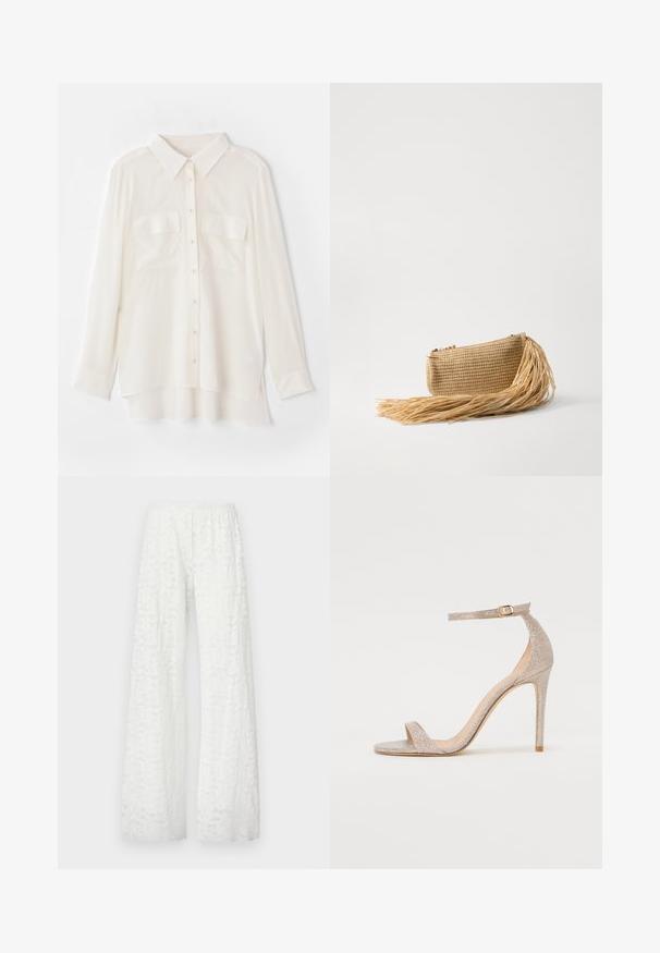White button-up shirt made of lightweight fabric. Features a classic collar, two chest pockets, and a slightly longer back hem.; White wide-leg pants with an elastic waistband, featuring a textured, floral lace pattern throughout the fabric.; Strappy high-heeled sandal in metallic rose gold, featuring a textured upper, open toe, and ankle strap with a gold buckle detail.; Cult Gaia VIERA - Clutch - natural