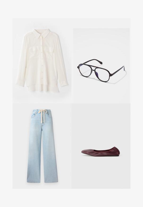 Bijela košulja s dugim rukavima od lagane tkanine. Ima klasičnu kragnu, dva džepa na prsima i blago duži stražnji rub.; Svijetloplave široke traperice izrađene od denima, s pojasom na vezanje i klasičnim dizajnom s pet džepova, s minimalnim izblijedjenjem.; Balerinke u tamnocrvenoj koži, s okruglim vrhom, elastičnom oko, i glatkom teksturom s suptilnim detaljima nabora.; Kružne, tamne kornjače naočale s prozirnim lećama. Imaju tanke plastične okvire i suptilnu detalj na šarkama.