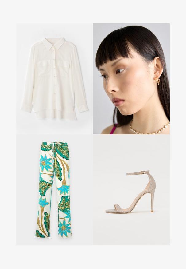 Biela košeľa na gombíky vyrobená z ľahkej tkaniny. Má klasický golier, dve náprsné vrecká a mierne dlhší zadný okraj.; Nohavice s kvetinovým vzorom, ktoré obsahujú modré kvety a zelené listy na smotanovom pozadí; materiál vyzerá hladko a má uvoľnený strih.; Sandále na vysokom päte s remienkami v metalickej ružovej zlate, s štruktúrovaným zvrškom, otvorenou špicou a remienkom na členku so zlatou sponou.; Zlatý kruhový náušník nasadený na pravom uchu, s otvoreným dizajnom. Modelka má rovné, tmavé vlasy a minimálny make-up.