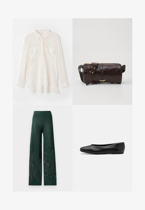 White button-up shirt made of lightweight fabric. Features a classic collar, two chest pockets, and a slightly longer back hem.; Green wide-leg pants in lightweight mesh with a zigzag pattern at the hem. Features a smooth waistband for comfort.; Paul Smith TOPANGA - Ballet pumps - black; Brown crocodile-embossed leather bag with a cylindrical shape, gold-tone hardware, and a detachable strap featuring studs.