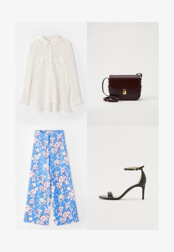 Weißes Hemd mit Knöpfen aus leichtem Stoff. Es hat einen klassischen Kragen, zwei Brusttaschen und einen leicht längeren hinteren Saum.; Blaue Blumenhose mit einem pastellfarbenen Rosenmuster. Der Stoff ist glatt mit einer lockeren Passform, weiten Beinen und einem elastischen Bund.; Schwarze Leder-high-heeled Sandale mit Knöchelriemen. Verfügt über eine glatte Textur, offene Zehen und einen dünnen Absatz. Goldfarbener Schnallenakzent.; Braune Lederhandtasche mit einem Klappenverschluss, goldenen Akzenten und einem verstellbaren Gurt. Sie hat eine glatte Textur und eine elegante rechteckige Form.