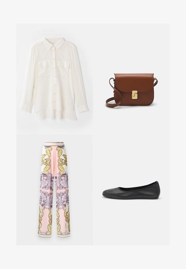 Valge nööbid üles särgid kergest kangast. Omab klassikalist kraed, kahte rinna-taskut ja veidi pikemat tagumist äärt.; Kerged sääred, mis on valmistatud kergest kangast, roosa ja valge värvigammaga, luksuslike kollaste ja siniste barokk-mustrite ning kuldsete aktsentidega.; Musthave mustika tantsutossud mustast nahast, ümmarguse varbaga, siledast tekstuurist, minimaalse õmblusdetailiga ja paindliku tallakujundusega.; Pruunist nahast käekott, millel on klapiga sulgur, kuldne riistvara, õlarihm ja sile tekstuur. Kompaktne ristkülikukujuline vorm.