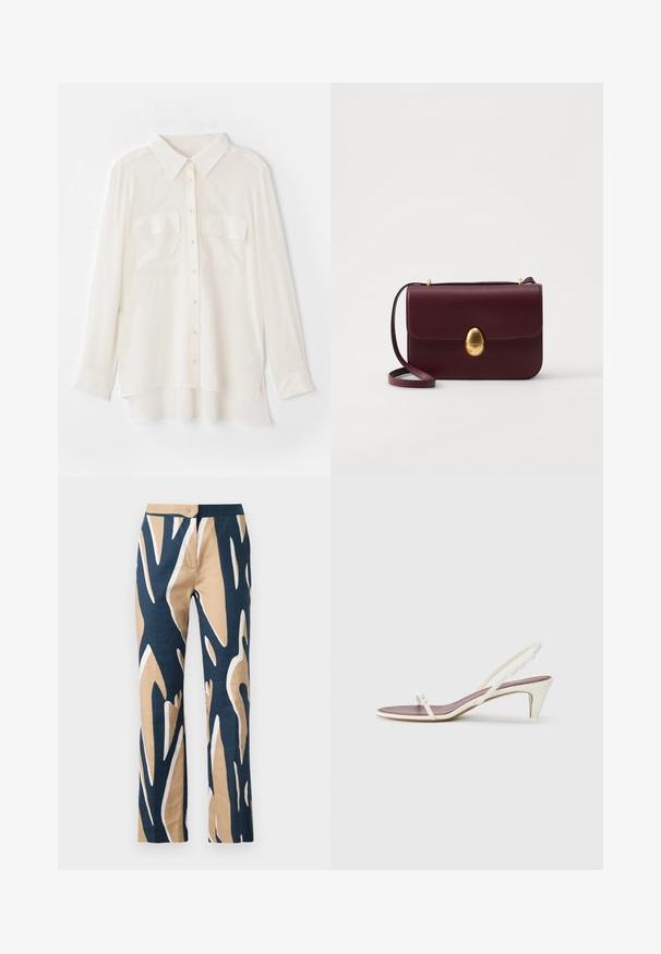 Cămașă albă cu nasturi, confecționată dintr-un material ușor. Prezintă un guler clasic, două buzunare pe piept și o margine din spate puțin mai lungă.; Pantaloni largi în navy, bej și cu un model grafic alb. Realizați dintr-un material ușor, cu o textură netedă și o talie ajustată.; Sandale albe cu toc mic, curele subțiri și o textură netedă din piele; prezintă o cataramă decorativă mică.; Geantă din piele burgundă, tip crossbody, cu o textură netedă, închidere ovală din aur și o curea ajustabilă, având o formă rectangulară simplă.